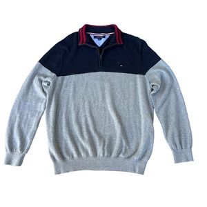 Tommy Hilfiger Men's Navy & Gray Colorblock Quarter Zip Cotton Sweater XL